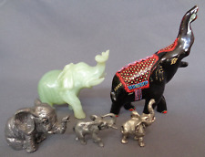 Small Elephant Figurines Lot of 5 Pewter Green Stone Black Lacquer All Trunk Up picture