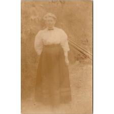 RPPC Woman Standing in Dress Hair up, Vintage Postcard Real Photo Solio picture