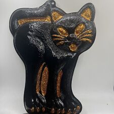 Vintage Halloween Plastic Die Cut Black Cat Wall Hanging Glitter Eyes Amglo picture