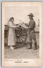 Military WW1 Soldier With Lovely Lady Present: Arms Postcard Y29 picture