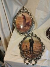 Peasant Man and Woman Praying in Field Ornate Brass Frame Convex Glass picture