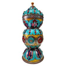 Amber Tibetan Stupa Candy Stand Buddhist Nepal Turquoise Coral Stone Copper Work picture