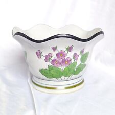 Vintage Scalloped White Painted Purple Flowers Design Chinoiserie Planter Pot picture