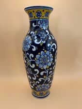 Beautiful Vintage Blue , white and yellow floral vase 10 1/2 inches picture