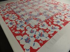Vintage Daffodil Border Tablecloth, Checkerboard Center, Red, Blue, Wh 49