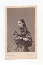 1860s War Era CDV Stamp Prescott Hartford CT Pretty Girl Curled Hair Ringlets picture