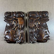 Pair Of Vintage Honduras Mayan Koko Warrior Head Carved Wooden Wall Plaques picture
