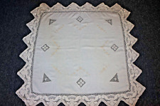 Vintage linen cream / white embroidered in beige lace/ crochet  trim tablecloth picture