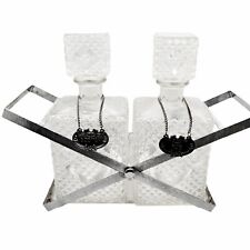 MCM Pressed Glass Crystal Cut Decanter Set Stoppers Label Charms & Metal Holder picture