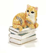 Tabby cat on stack of books trinket box, jeweled & enamel,  NIB - Beautiful picture