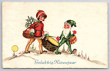 C1930 Postcard Unsigned Artist Card Girl with Elf, bringing in the New Year picture
