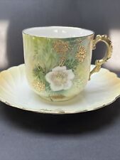 Antique RS Prussia Germany Hand Painted Floral White Gold Cup Saucer Tea READ picture