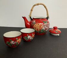 Vintage Pier 1 Imports ‘Peony’ Tea Set (Teapot + 2 cups) Red Stoneware picture