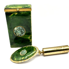Green Bakelite with Stone Brass Cigarette Case & Matching Mirror Beautiful VTG picture