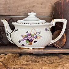 Vintage GIBSONS TEAPOT England, Georgian-Style, Violet Flowers & Basket 1940-50s picture