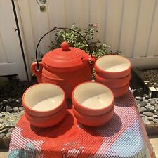 Vintage 1960s bright orange ceramic porcelain tureen/cauldron set picture
