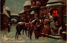 A Happy New Year Postcard Men Arriving Home Via Horseback in the Snow picture