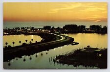 c1950s Memorial Causeway Bay Twilight Aerial View Clearwater Florida FL Postcard picture