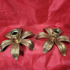 PAIR Antique MCM Hollywood Regency Brass big leafy Candle Holders picture