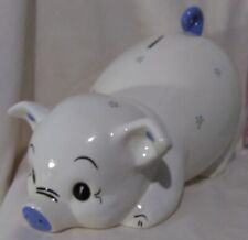 Vintage Big Pig Large Piggy Bank White With Blue Flowers & Tail Booty Up Cute picture