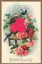 c1905 Old World Swallows Birds Pink Roses Birthday Greetings Embossed P334 picture