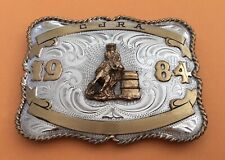 True Vintage 1984 CJRA Junior Rodeo Barrels BK Nickel Silver Trophy Belt Buckle picture