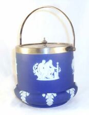 Antique Wedgwood Jasperware Blue Colored Covered Biscuit Barrel Silver-plate Lid picture