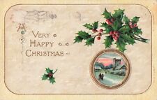 A Very Happy Christmas, Holly Ivy Snow, Embossed, Vintage Postcard picture