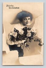 Swedish Heartfelt Congratulations Girl with Flowers RPPC Early 1900s picture