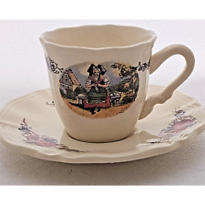 CUP & SAUCER-OBERNAI FAIENCERIES SARREGUEMINES-FRANCE-GIRL ON BENCH-FLORAL DECOR picture