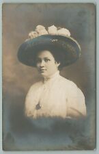 RPPC Pocket Watch Necklace~Lovely Lady w/Merry Widow Hat ~c1910 Close Portrait picture