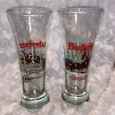 1989 Vintage Budweiser Clydesdales Christmas Winter Scene 2 Pilsner Beer Glasses picture