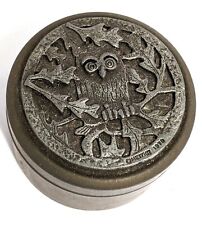 Vintage Pewter Owl Round Trinket Box - Metzke Pewter - 1970 - Owl Canister picture
