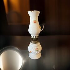 VINTAGE MINIATURE SWIRL HOBNAIL MILK GLASS OIL LAMP W/FLOWERS 8 Inches #171 picture