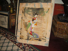 Vintage Japanese Painting On Silk Fabric Woman Umbrella Signed Stamped picture