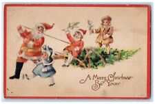 1914 Christmas Santa Claus And Children Pulling Tree Meriden CT Antique Postcard picture