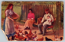 c1900s Her Feathered Friends Feeding Chickesn Roosters Hens Vintage Postcard picture