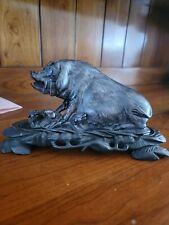 Vintage Chinese Metal Pig On Wooden Base picture