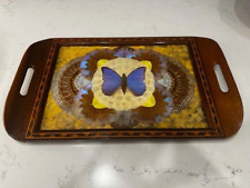 VINTAGE  LARGE MAHOGANY INLAID BUTTERFLY WING WOODEN TRAY ~ FROM BRAZIL picture