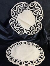 Vintage HANDMADE Natural Linen & Crocheted Doilies 13.5” & 14.5” French Country picture