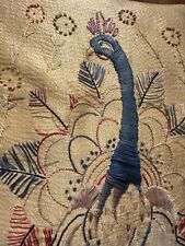  Vintage Hand Embroidered Pillow Case. Beautiful Work.  Peacock.  Damaged. picture