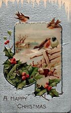 Happy Christmas, Birds, Holly, Embossed Postcard picture