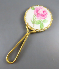Antique/Vtg LIMOGES HAND PAINTED Small Mirror PORCELAIN w/Gold Handle PINK ROSE picture