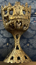 Vintage JUDAICA JERUSALEM Chalice BRUTALIST BRASS KIDDUSH CUP HOLDER Holy Land picture