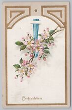 Greetings~Congratulations~Apple Blossoms~Gold Border~PM 1910~Embossed~Vintage PC picture