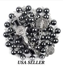 HOLY ROSARY / BLACK HEMATITE BEATS / JESUS/St. BENEDICT / STAINLESS STEEL CHAIN picture
