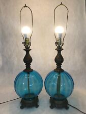 Large Mid Century Hollywood Regeny Hedco Blue Optic Glass Vintage 2 Table Lamps picture