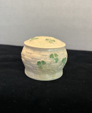 BELLEEK Porcelain Small Trinket Box Jar With Lid Shamrock Clover Basket Weave picture