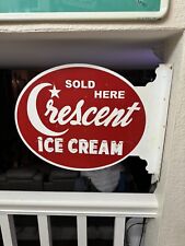 RARE 1950s ENJOY CRESCENT ICE CREAM DEALER 2-SIDED PAINTED METAL FLANGE SIGN picture