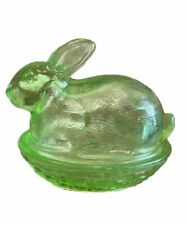 Vintage LE Smith Green Glass Bunny Covered Candy Dish Rabbit On Basket Handmade picture